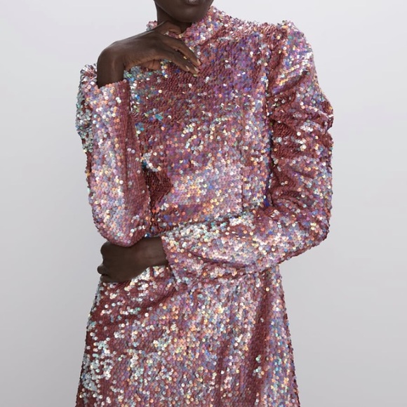 green emerald velvet dress ZARA. Pink midi dress with mini sequins. TS  Hibuy market